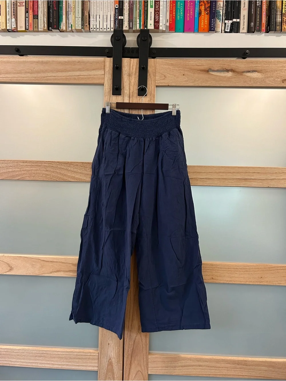blue wide leg linen pants